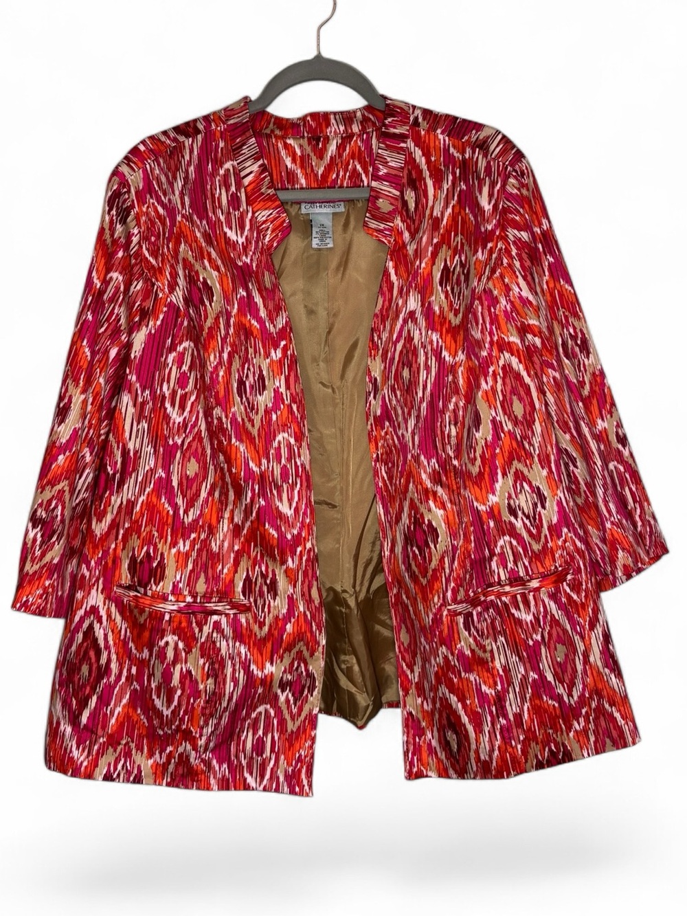 Maggie Barnes Catherines 2X 22/24W Pink Orange Ikat Open‎ Front Blazer Jacket